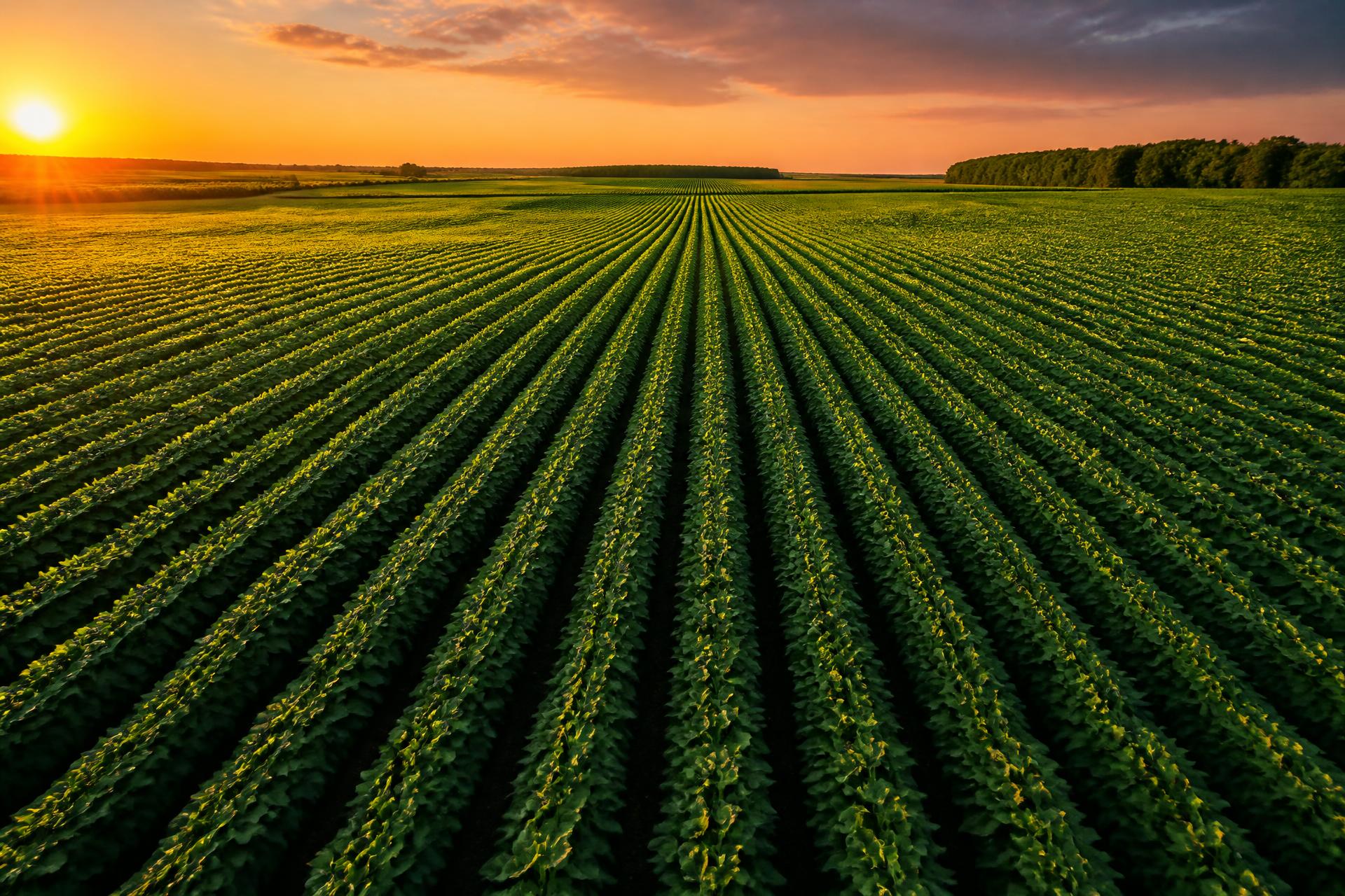 Campo ao entardecer — visão aérea de lavoura em linhas